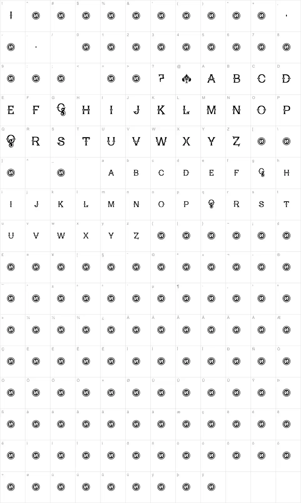 Mapa de caracteres da fonte Poker Kings