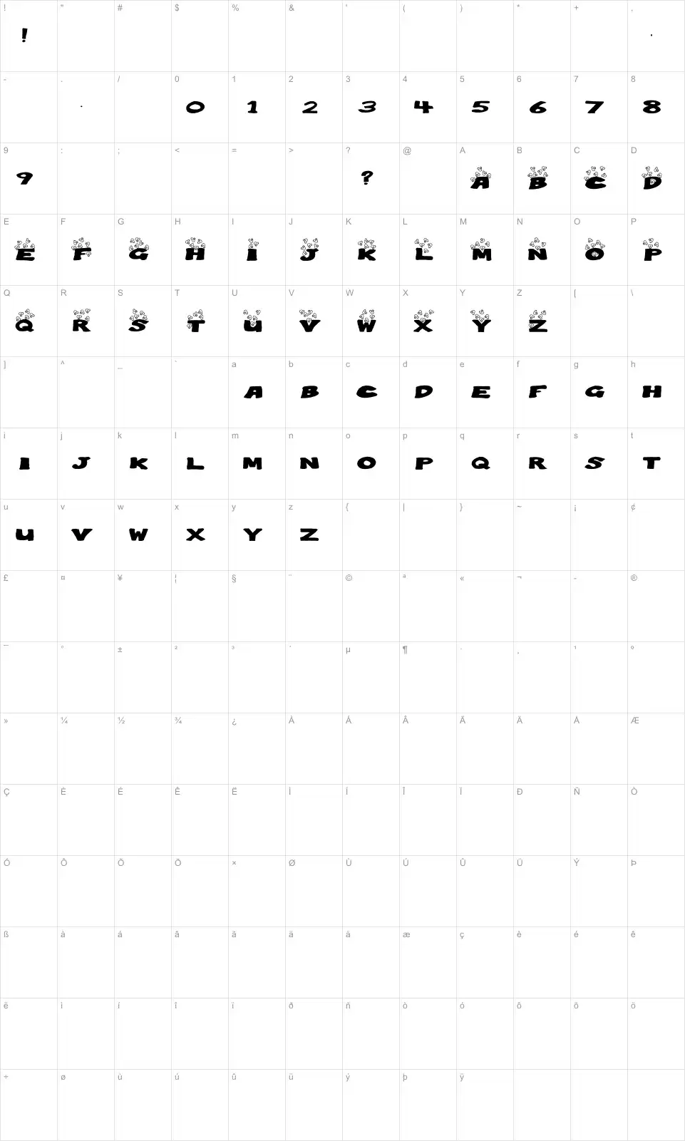 Mapa de caracteres da fonte Popping Popcorn
