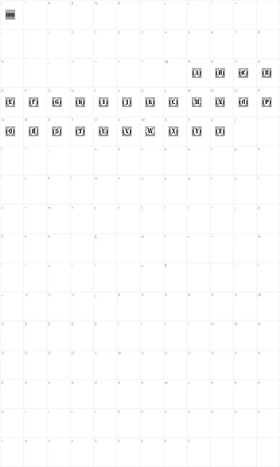 Mapa de caracteres da fonte Portculliard Initials