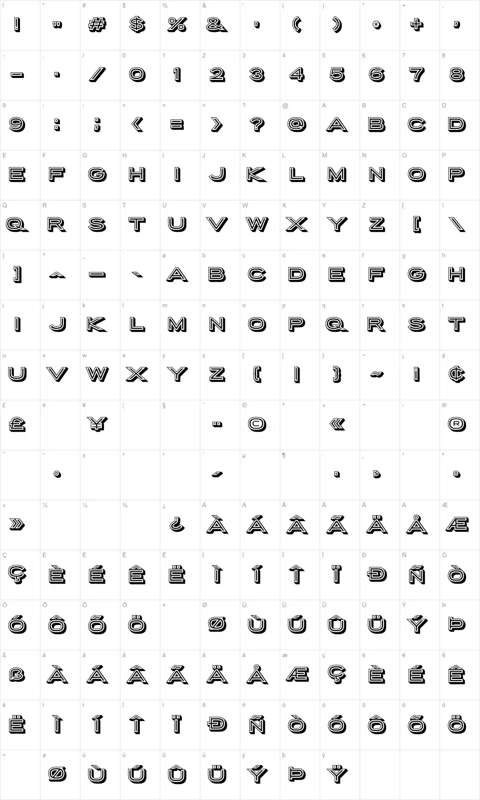 Mapa de caracteres da fonte Porter Sans Block