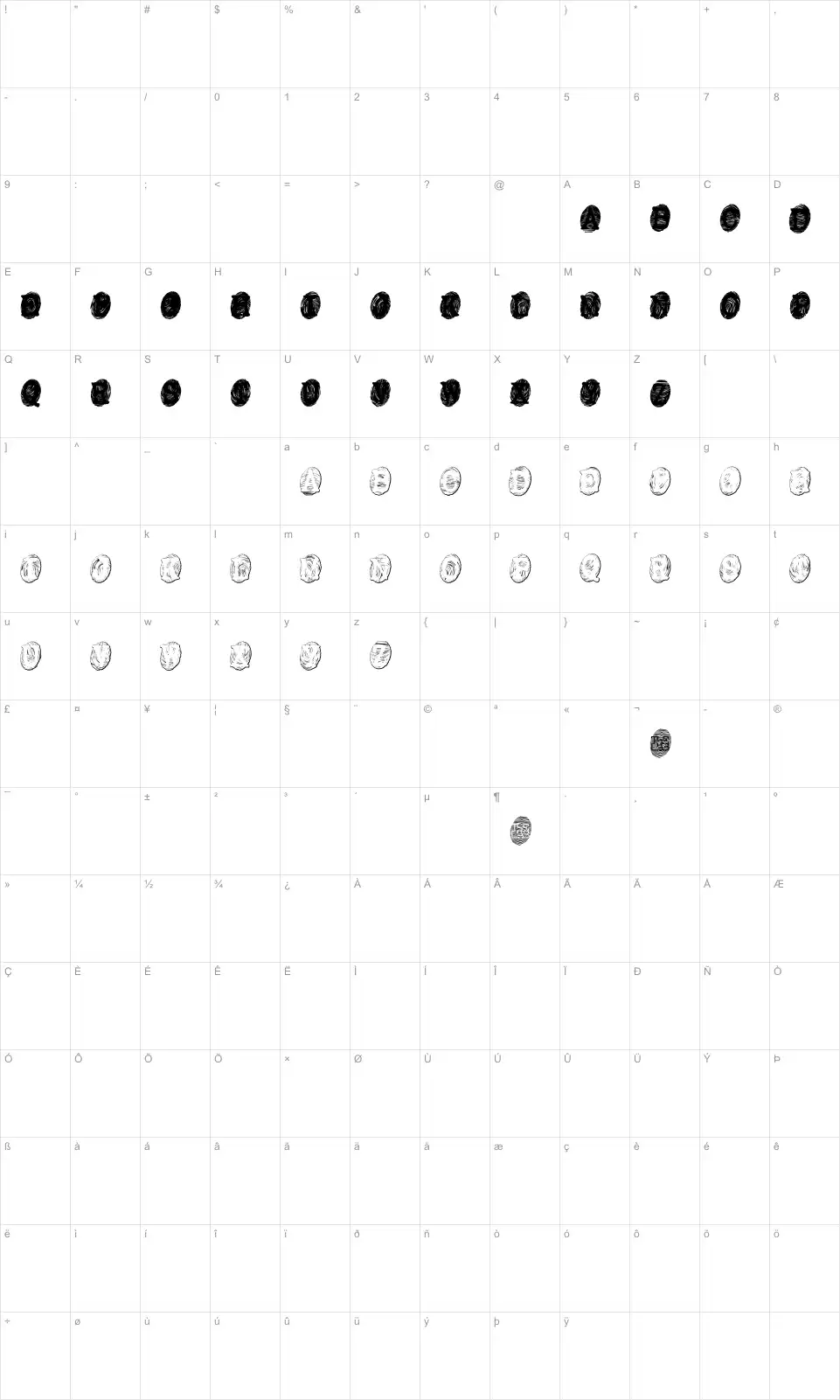 Mapa de caracteres da fonte Powderfinger
