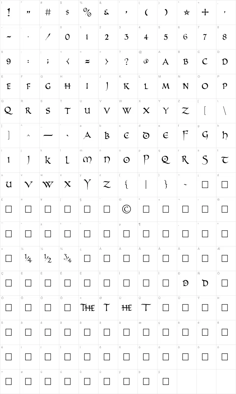 Mapa de caracteres da fonte PR Uncial Alt Caps