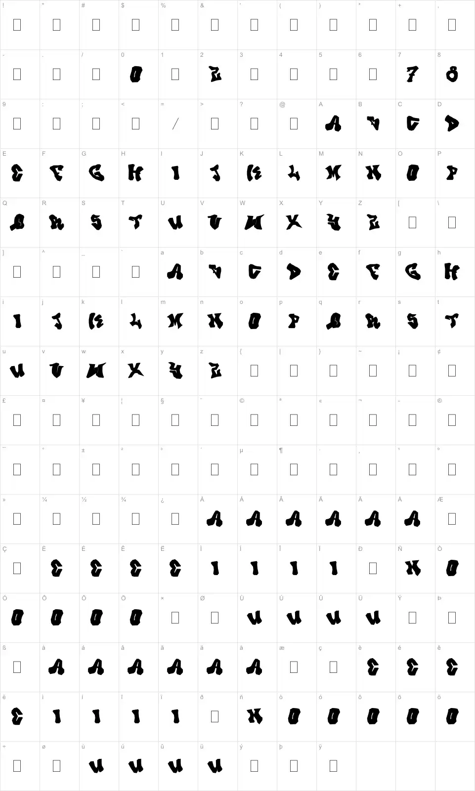 Mapa de caracteres da fonte Prince Dub