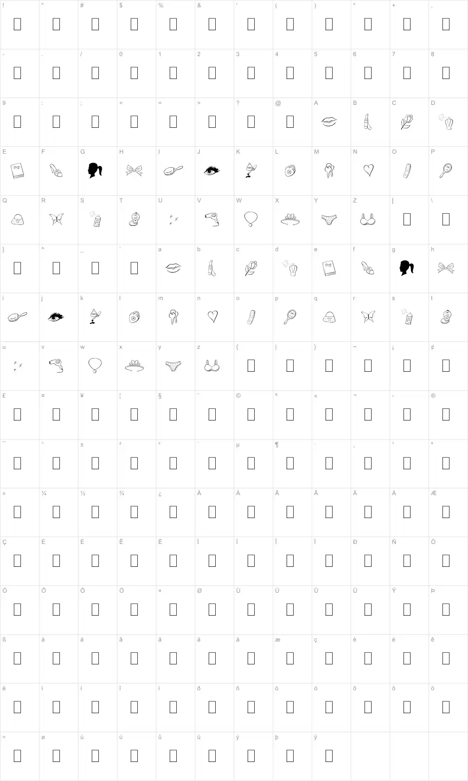 Mapa de caracteres da fonte Princess BV