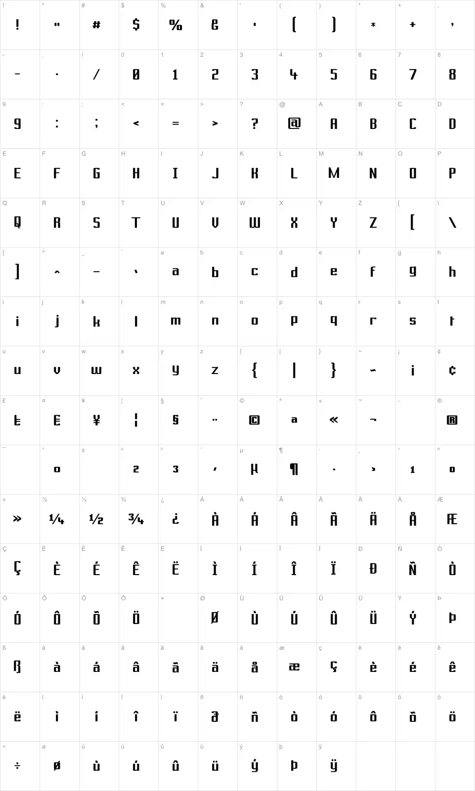 Mapa de caracteres da fonte Prussian Brew Solid