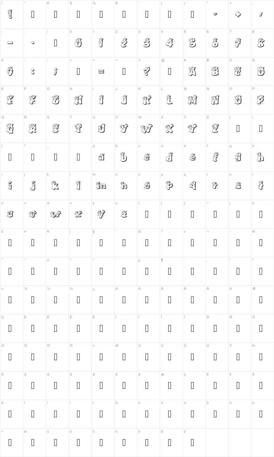 Mapa de caracteres da fonte Pullstar Holinight
