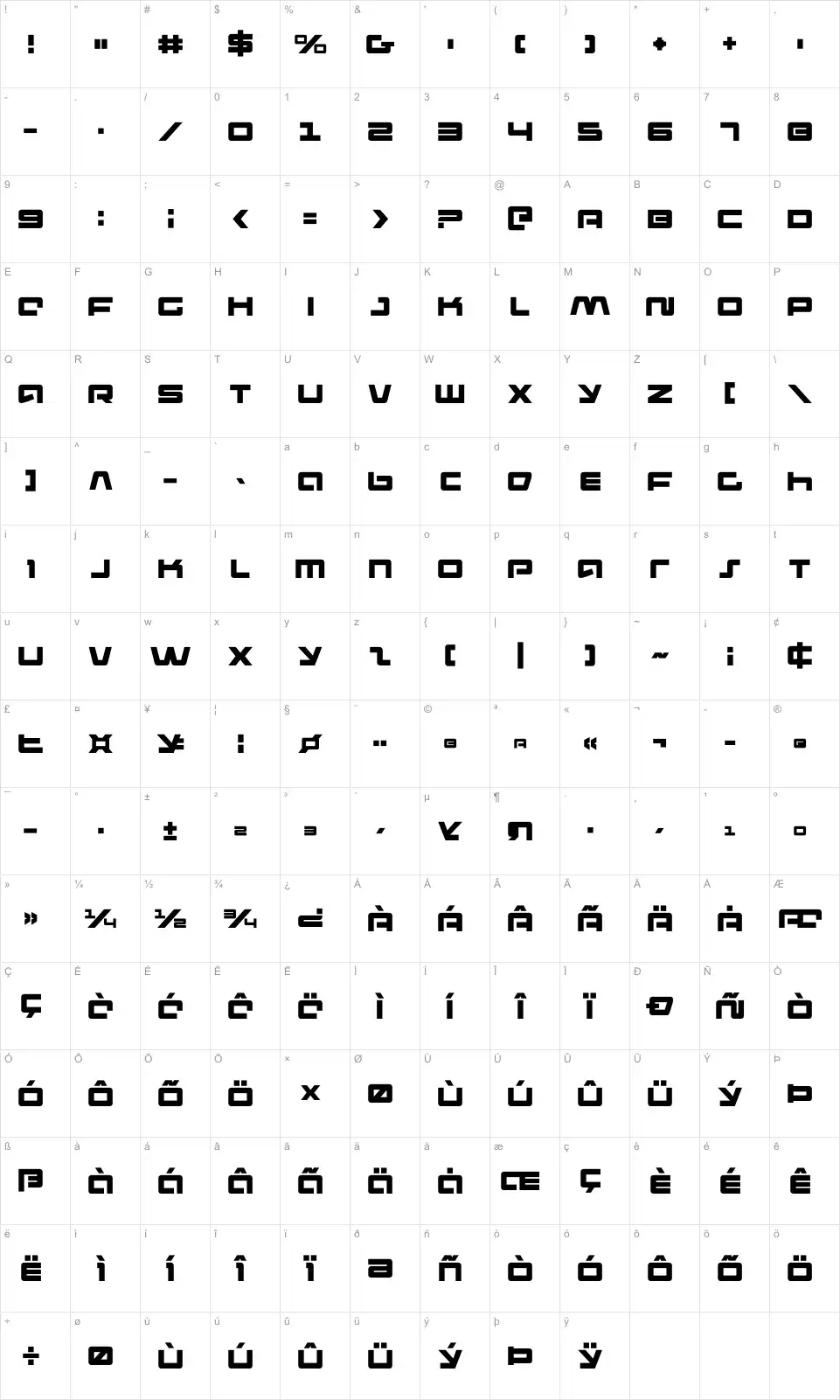 Mapa de caracteres da fonte Pulse Rifle