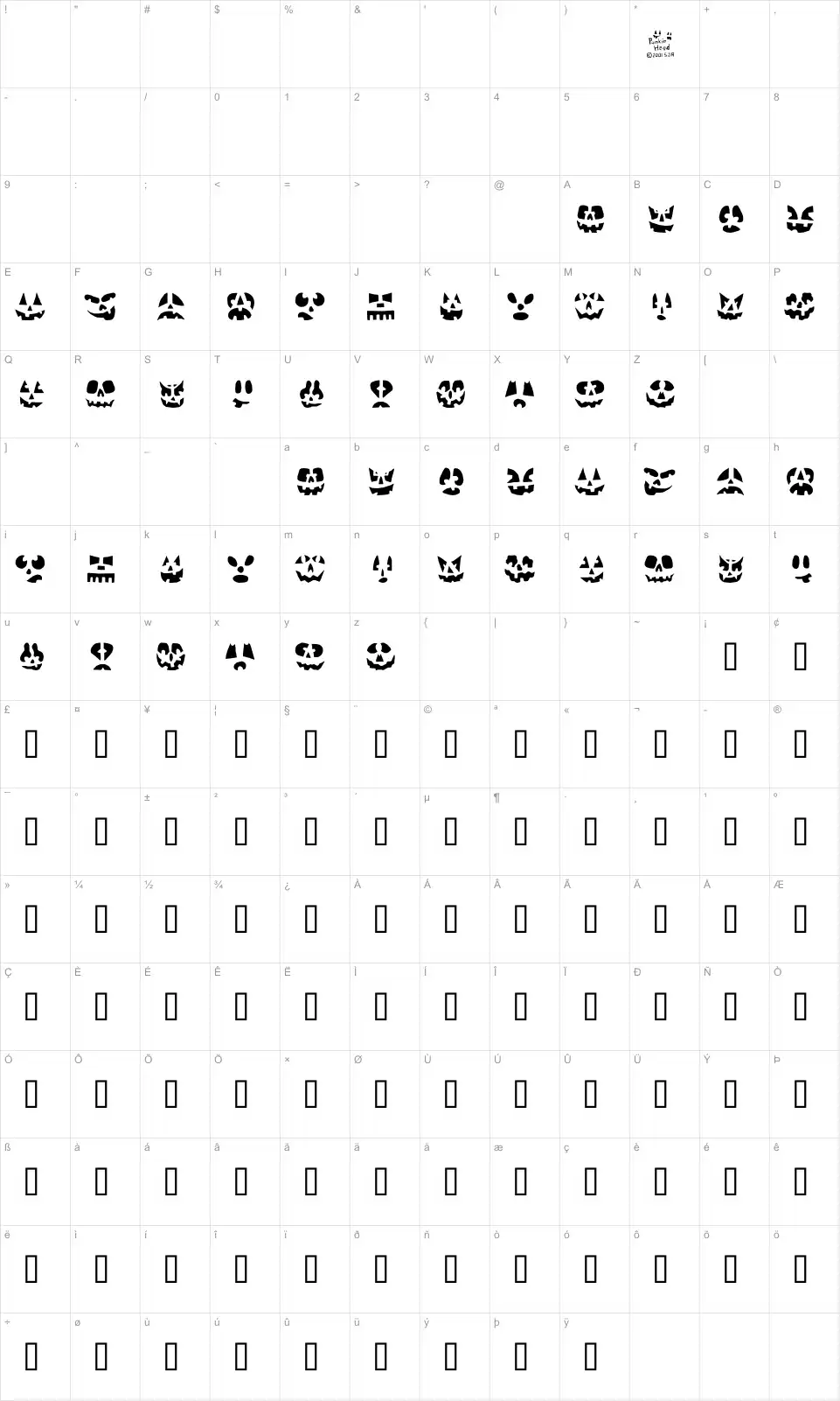 Mapa de caracteres da fonte Punkinhead