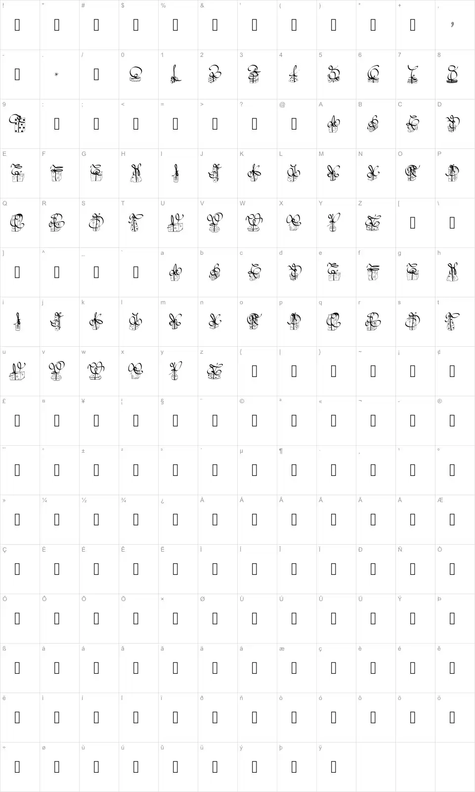 Mapa de caracteres da fonte PW Christmas Gifts
