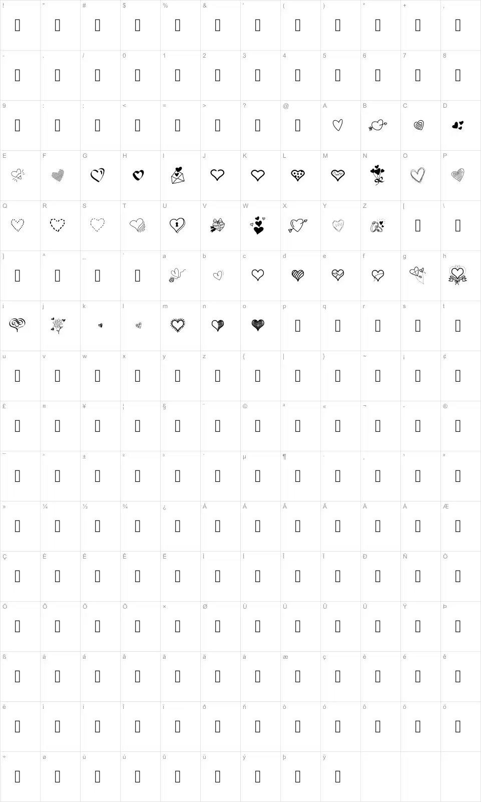 Mapa de caracteres da fonte PW Little Hearts