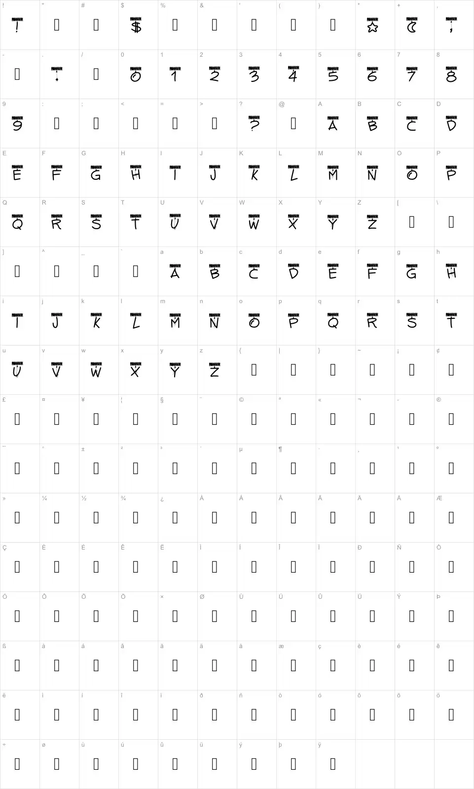 Mapa de caracteres da fonte PW Tinsel Letters