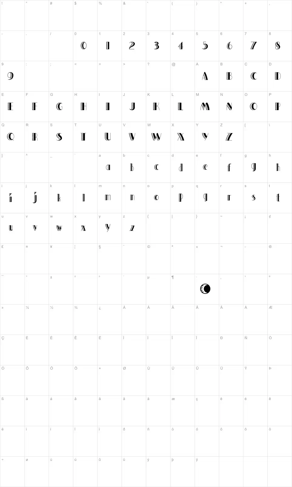 Mapa de caracteres da fonte Quaker Shade