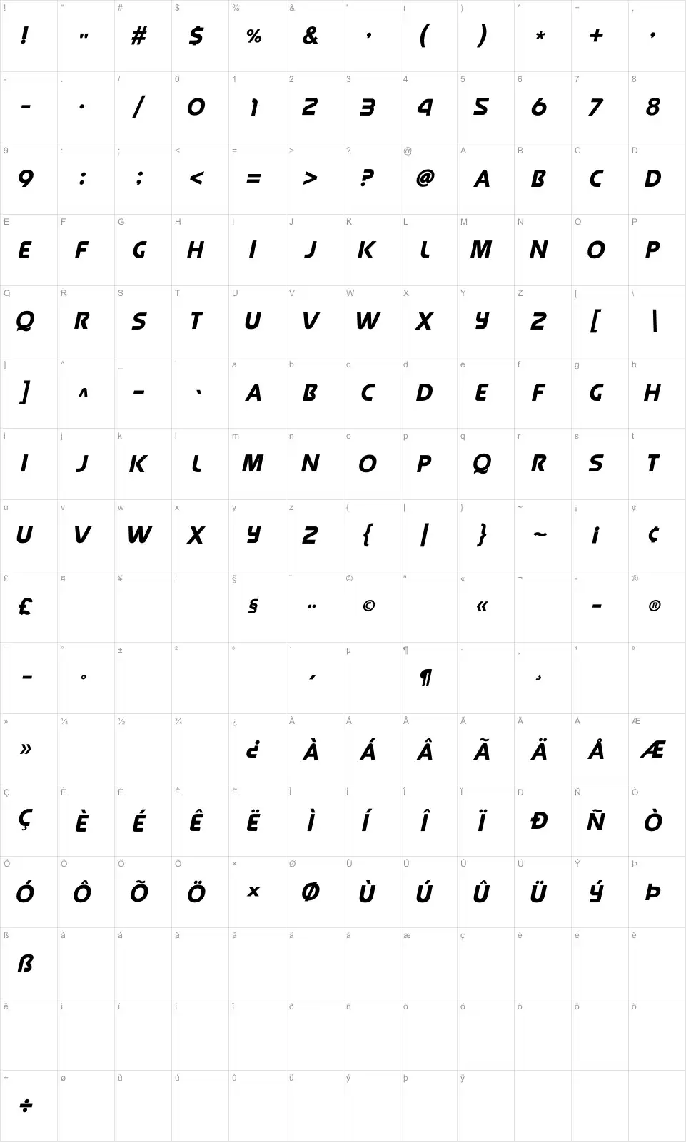 Mapa de caracteres da fonte Queen of Camelot