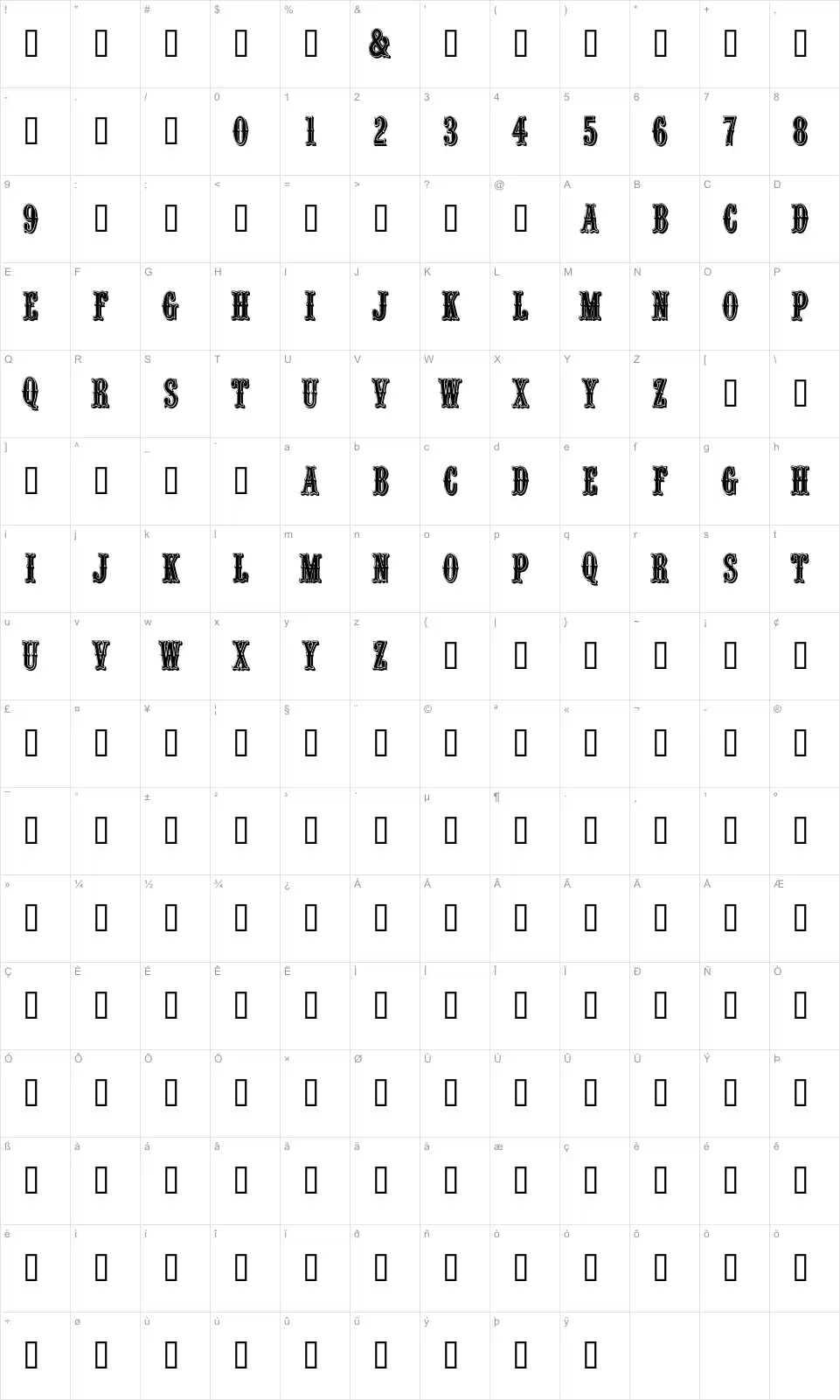 Mapa de caracteres da fonte Quentin Caps