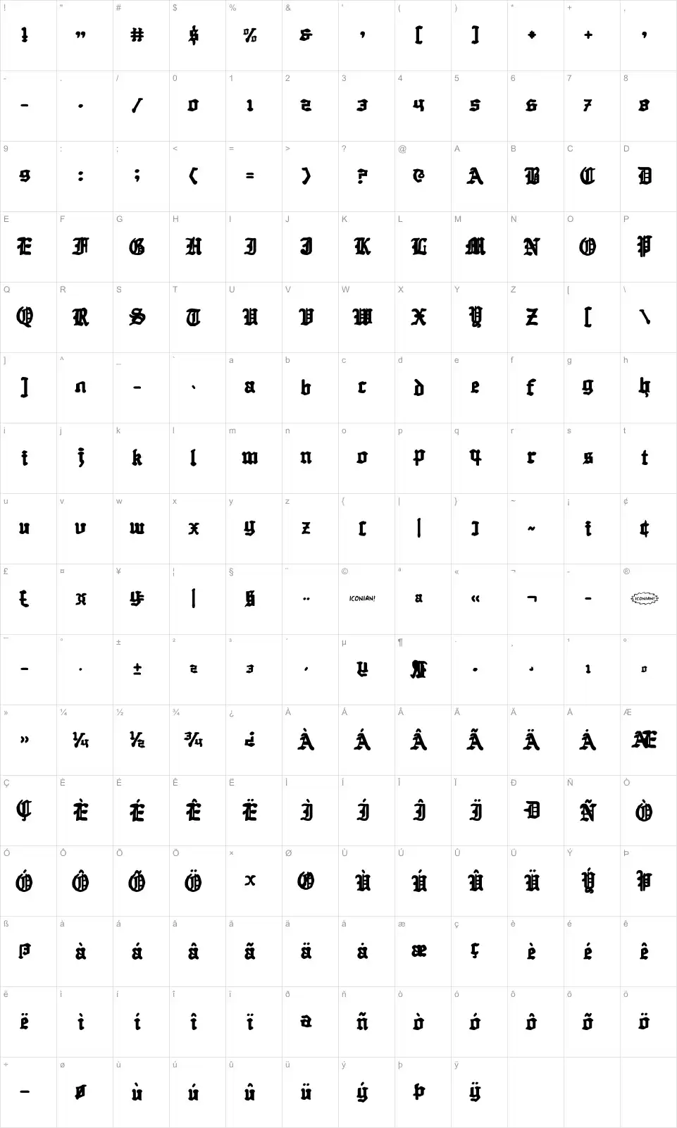 Mapa de caracteres da fonte Quest Knight