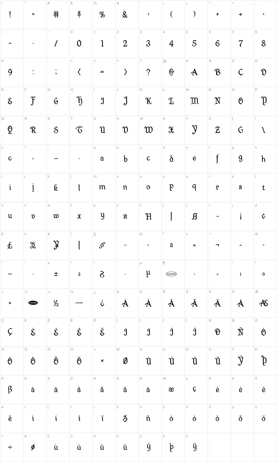 Mapa de caracteres da fonte Quill Sword