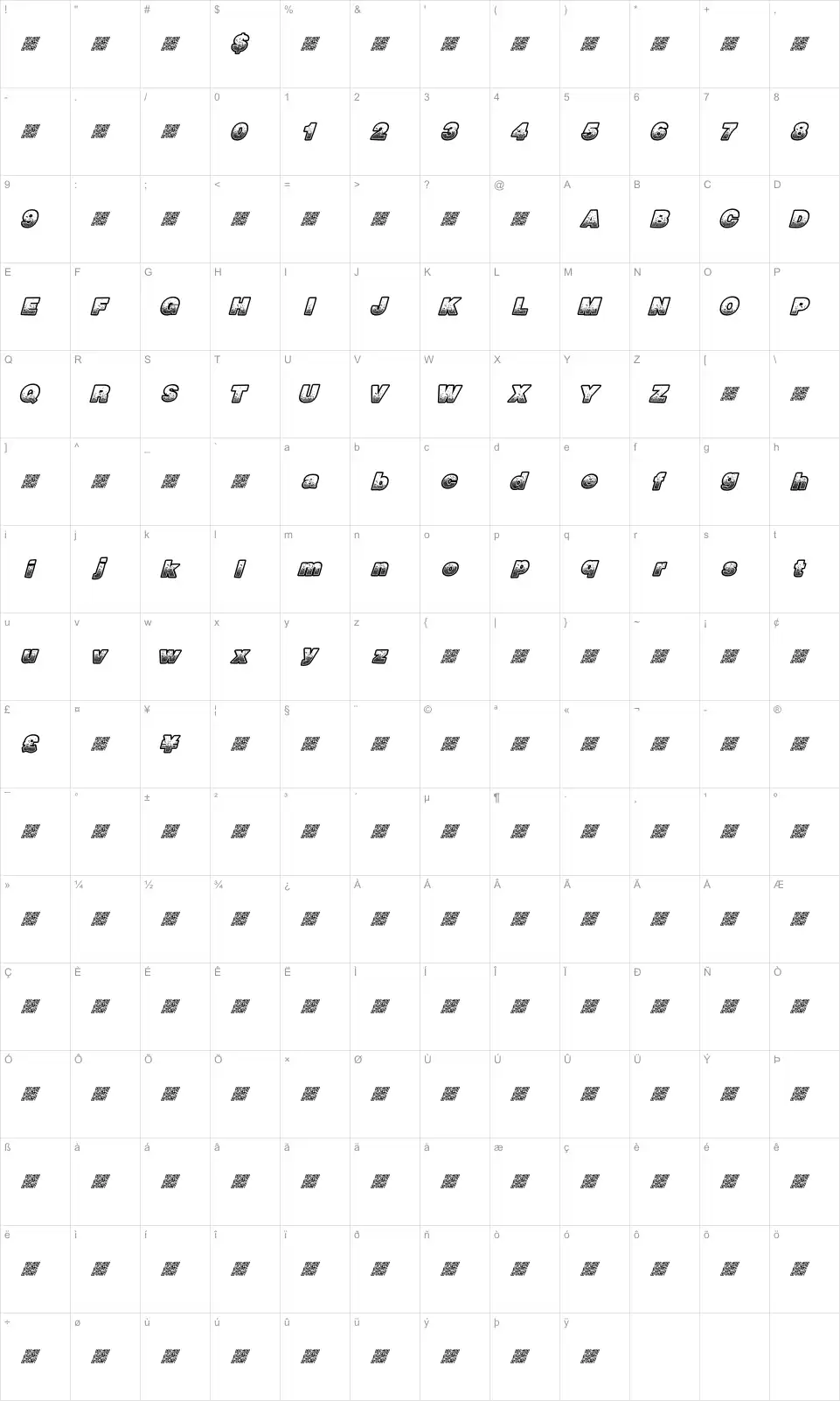 Mapa de caracteres da fonte Racing Numbers
