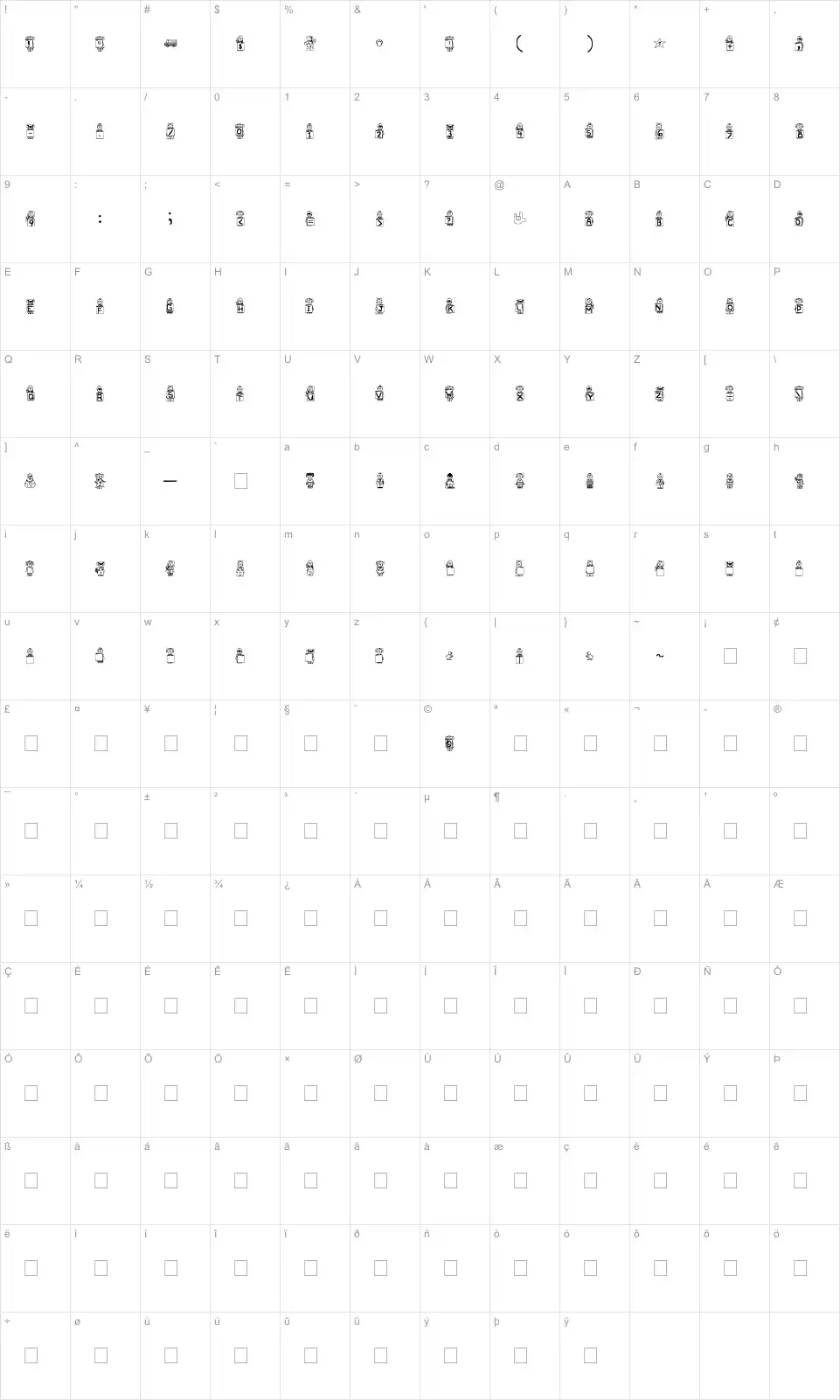Mapa de caracteres da fonte Rainies Kids