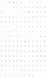 Mapa de caracteres da fonte Rainy Hearts