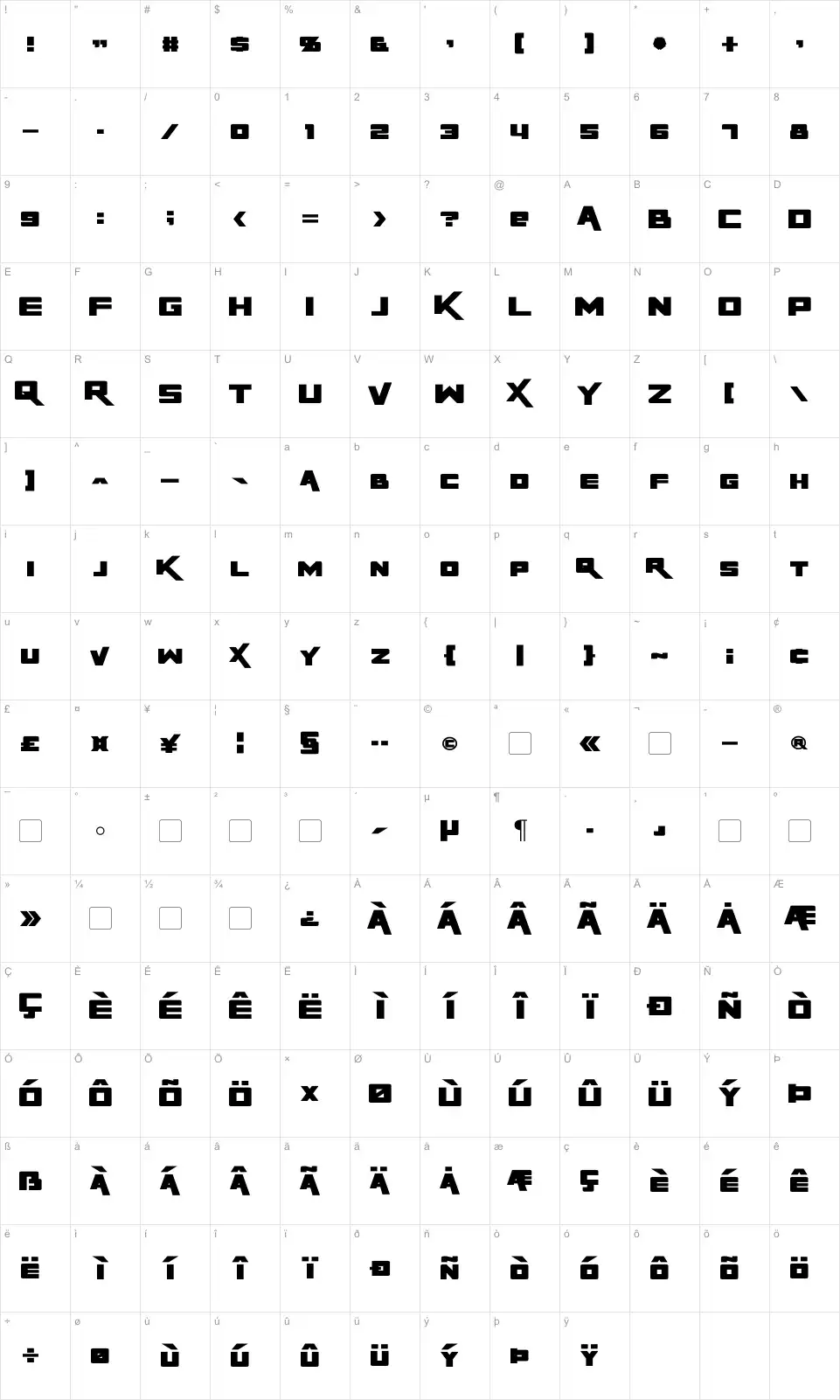 Mapa de caracteres da fonte Rapier Zero