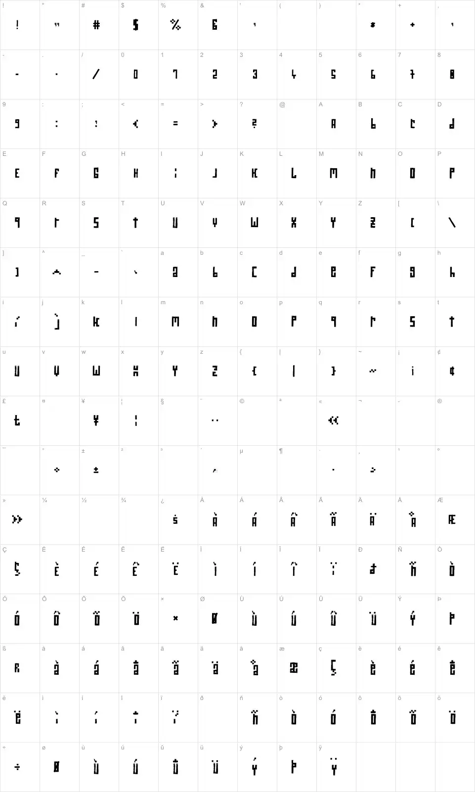 Mapa de caracteres da fonte RawStreetWall