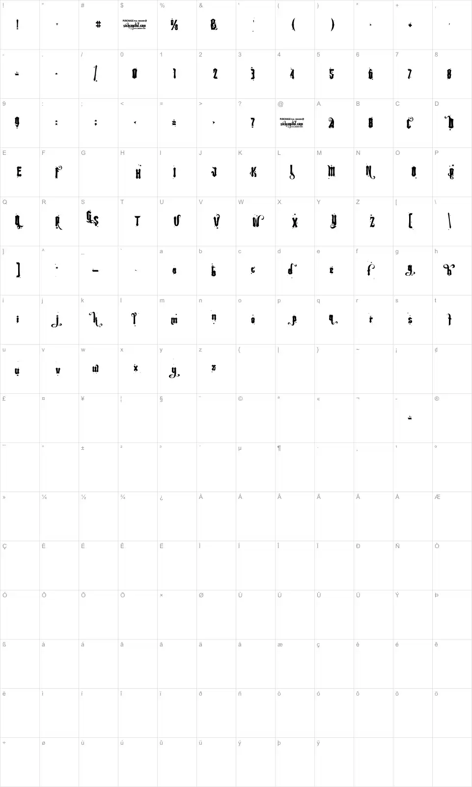 Mapa de caracteres da fonte Rebel Pixy