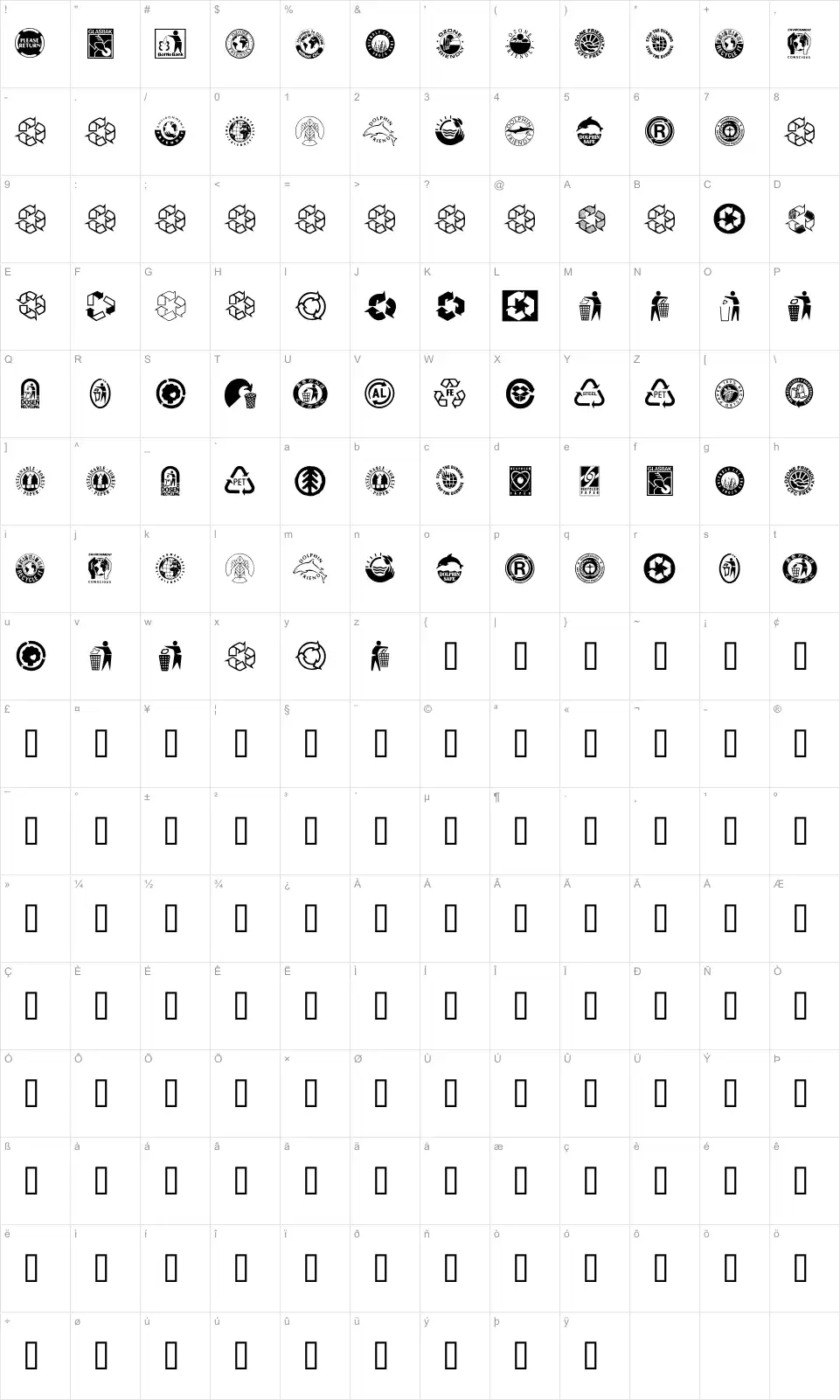 Mapa de caracteres da fonte Recycle It