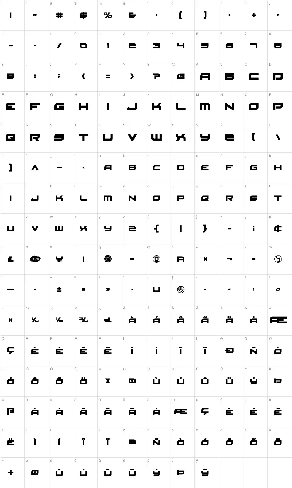 Mapa de caracteres da fonte Red Rocket