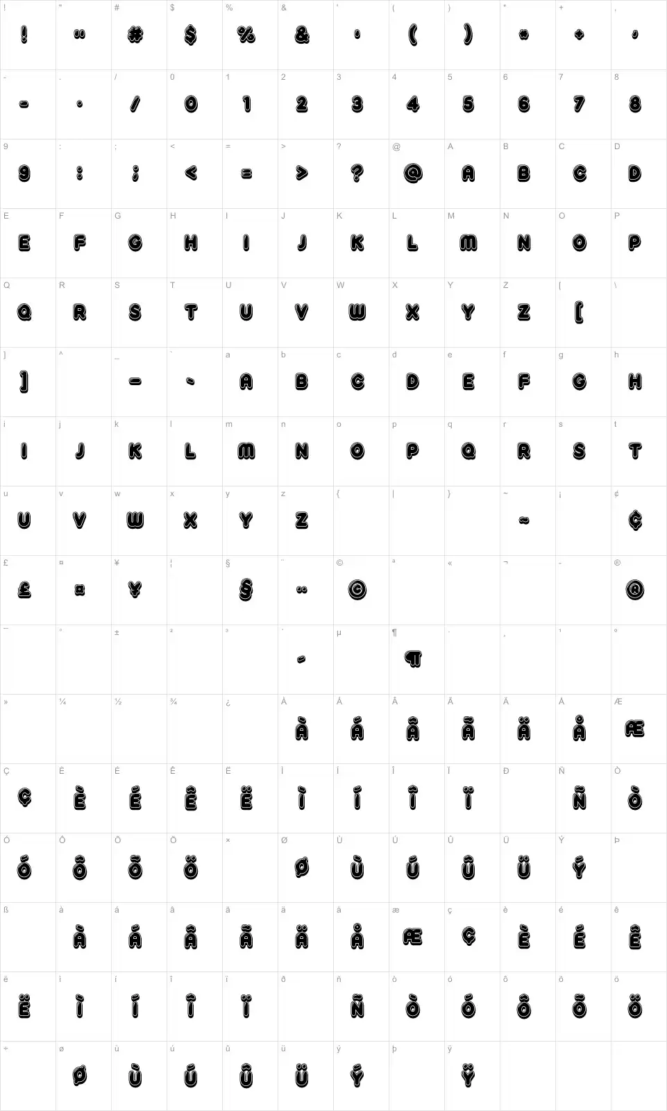 Mapa de caracteres da fonte Reglisse