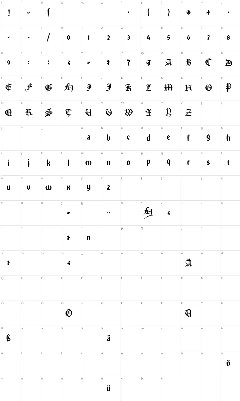Mapa de caracteres da fonte Remember Reiner FS
