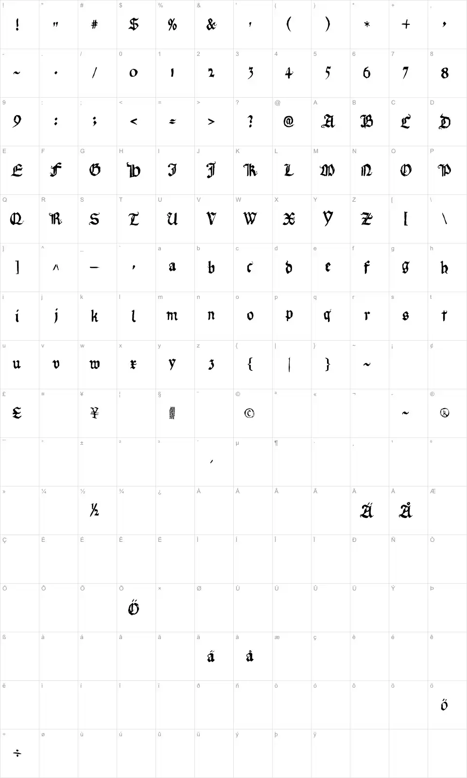 Mapa de caracteres da fonte Requiem for A