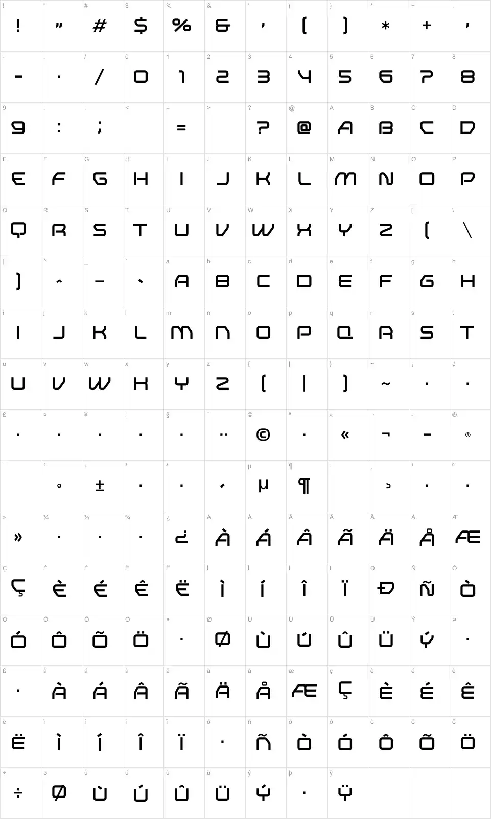 Mapa de caracteres da fonte Research Remix