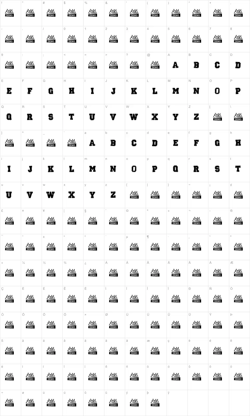 Mapa de caracteres da fonte Retrohand