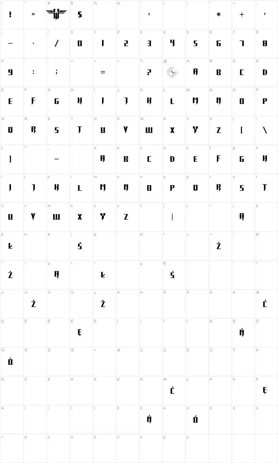 Mapa de caracteres da fonte Return To Castle