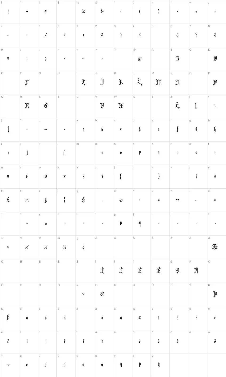 Mapa de caracteres da fonte Revolver Blackletter