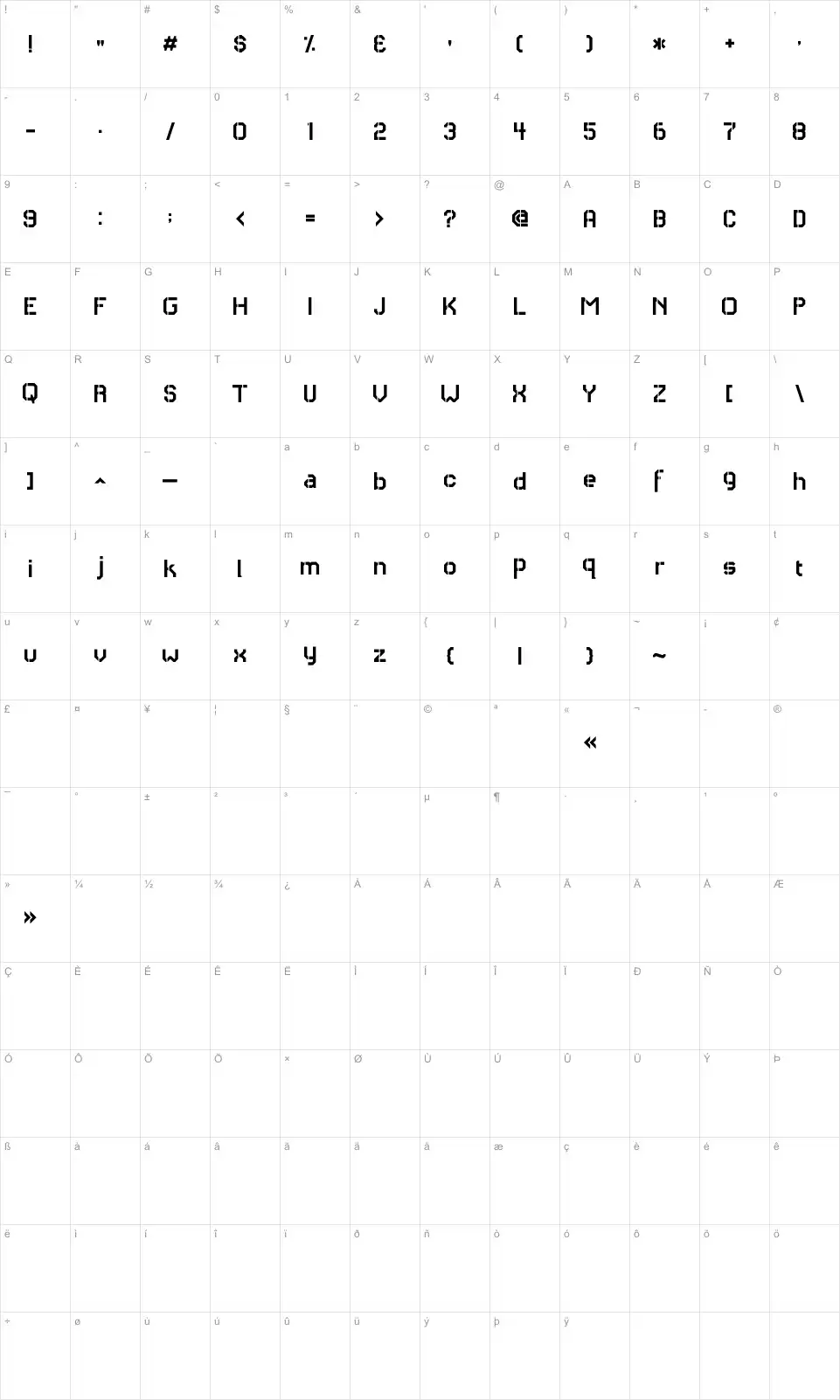 Mapa de caracteres da fonte RH Carrier Stencil