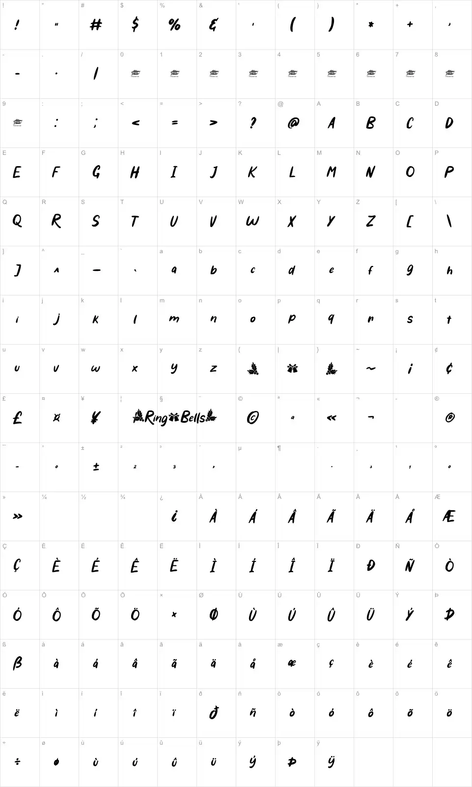Mapa de caracteres da fonte Ring Bells