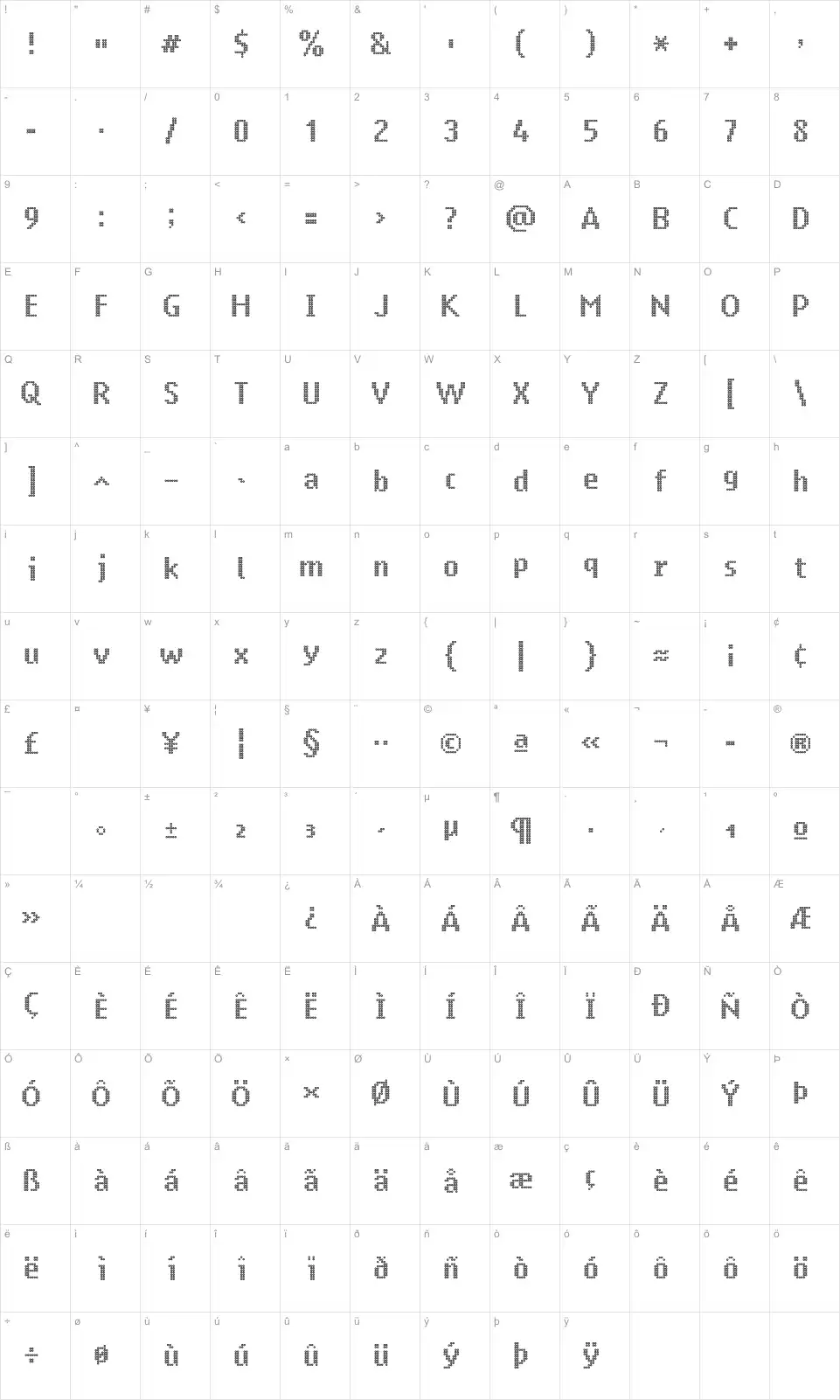 Mapa de caracteres da fonte Ring Matrix