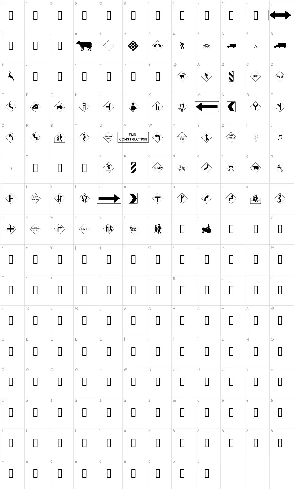 Mapa de caracteres da fonte RoadSign + Warning