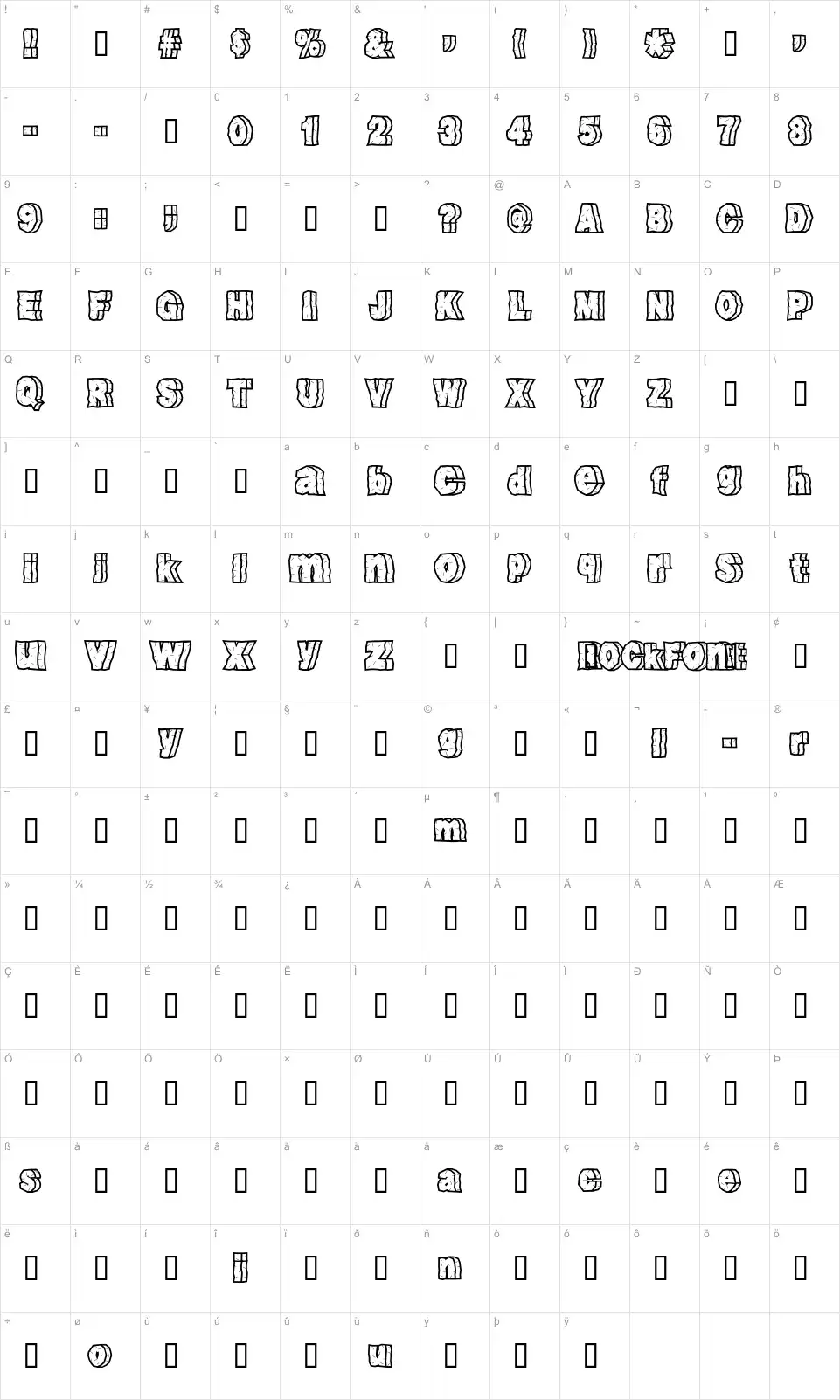 Mapa de caracteres da fonte Rock Font