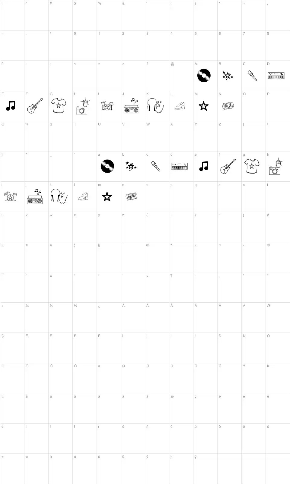 Mapa de caracteres da fonte Rock Star