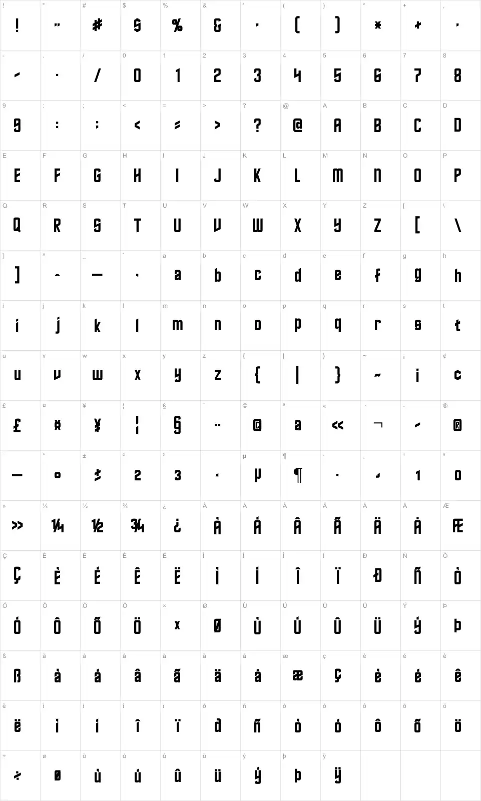 Mapa de caracteres da fonte Roddenberry