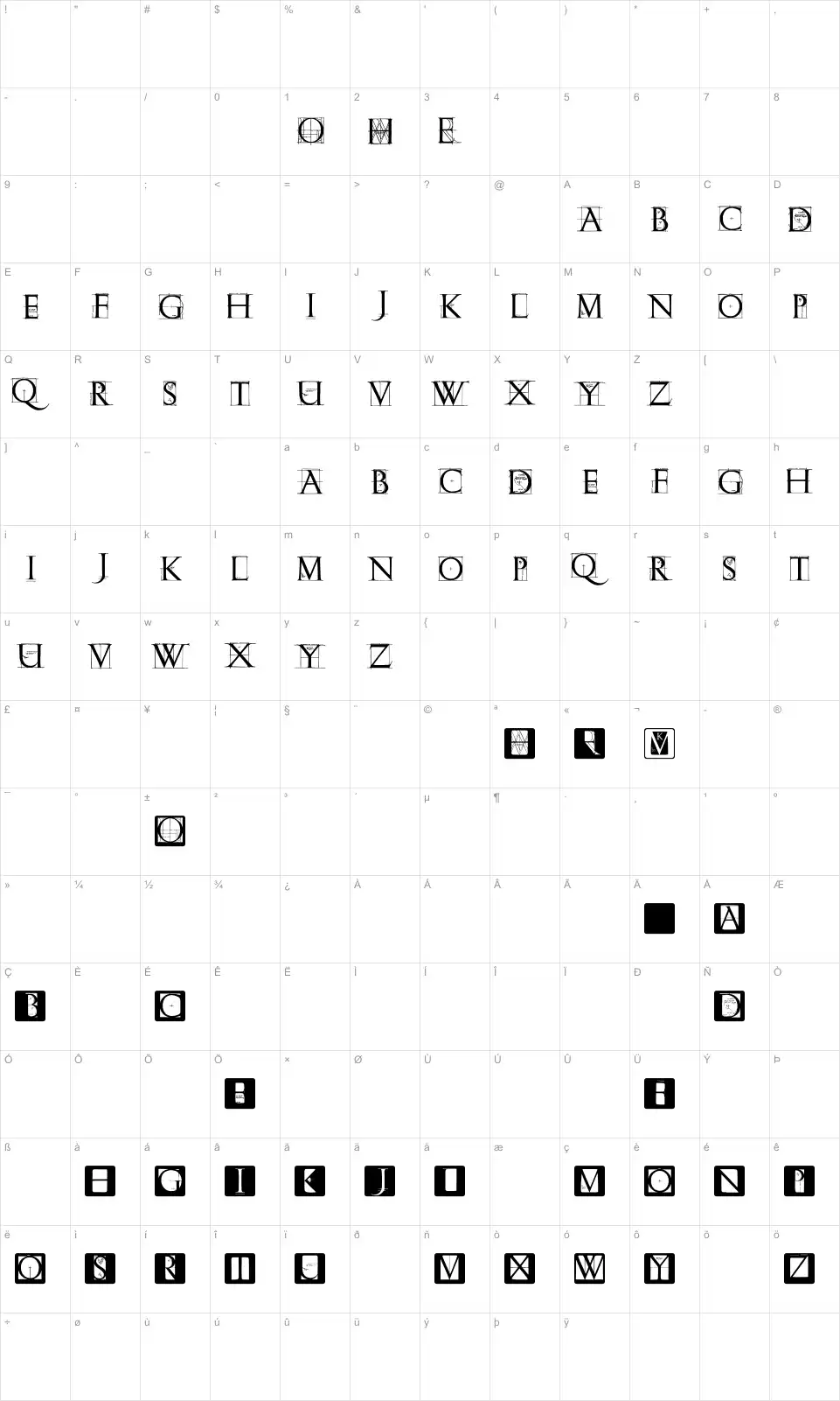 Mapa de caracteres da fonte Roman Grid Caps