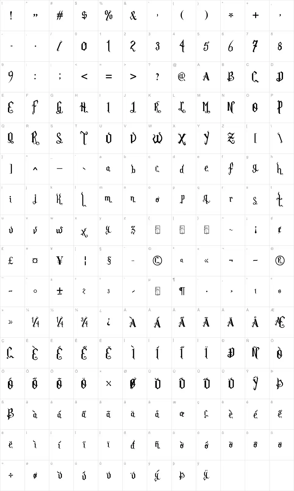 Mapa de caracteres da fonte Romance Fatal Goth