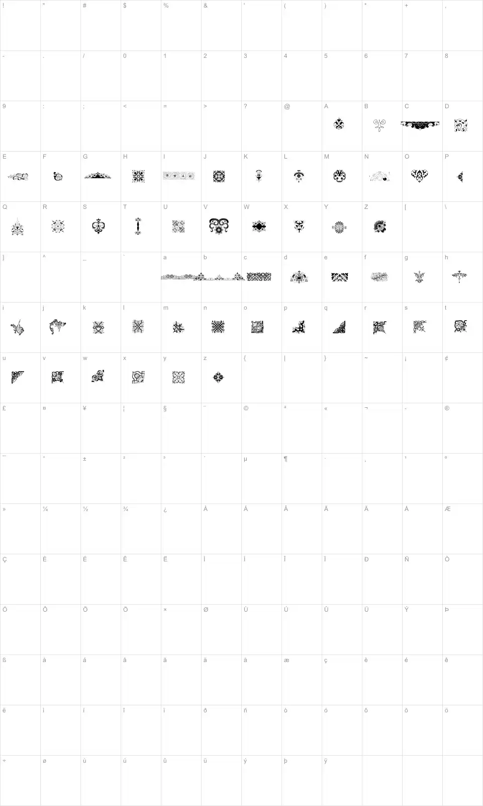 Mapa de caracteres da fonte Rough Vignettes
