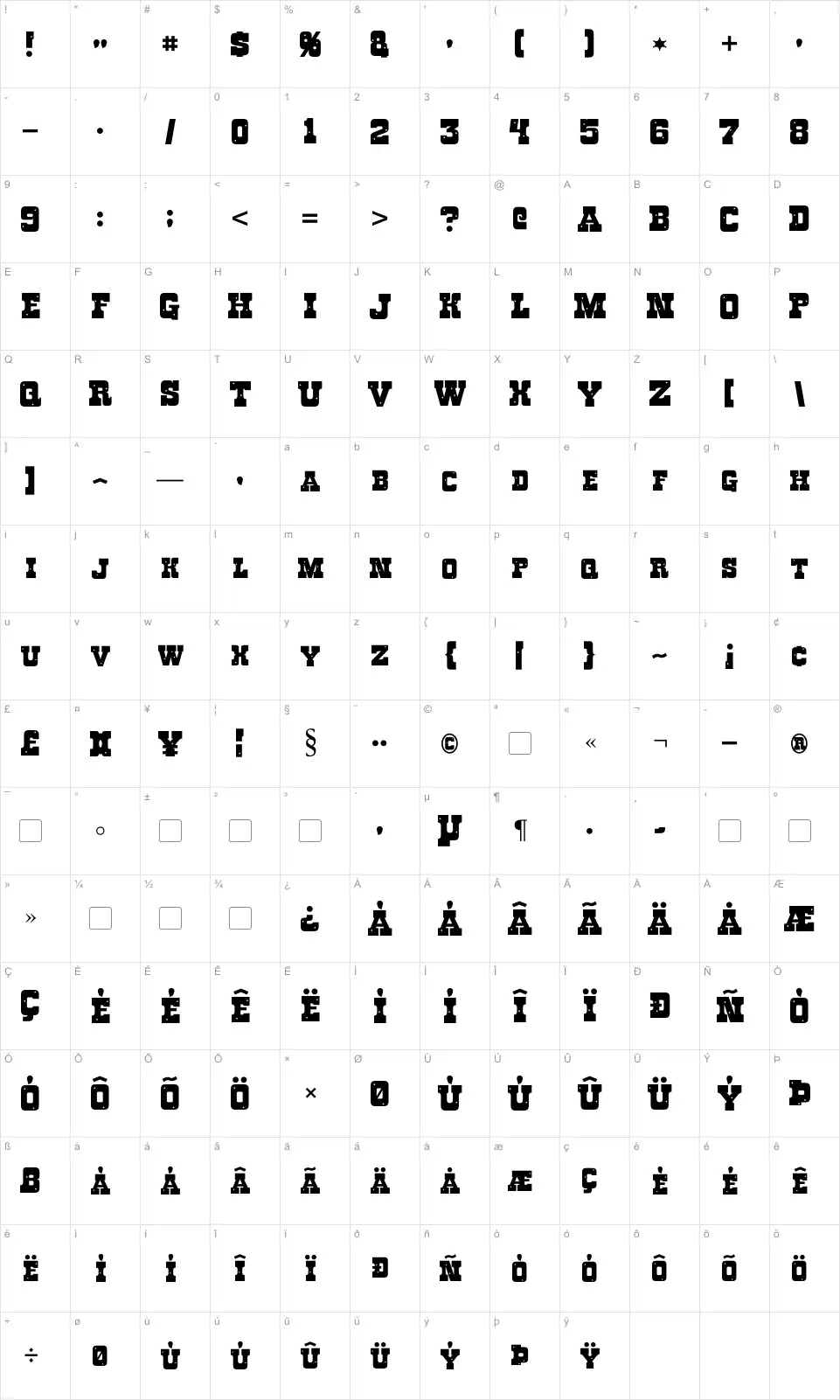 Mapa de caracteres da fonte Roughknight
