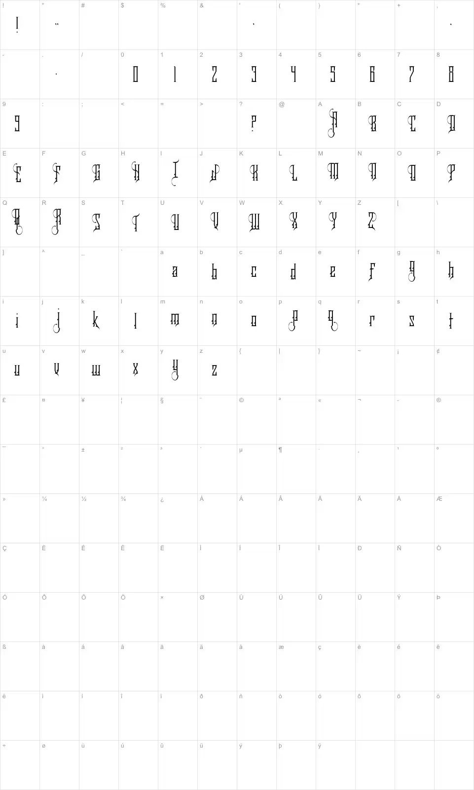 Mapa de caracteres da fonte Royalty Savior