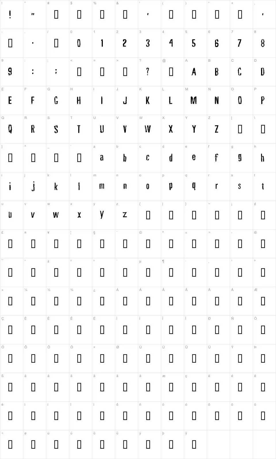 Mapa de caracteres da fonte Rubbing Font