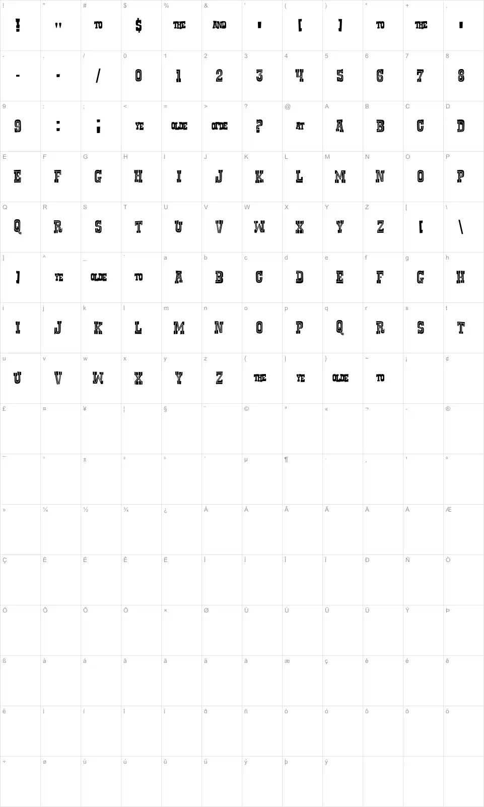 Mapa de caracteres da fonte Rustler