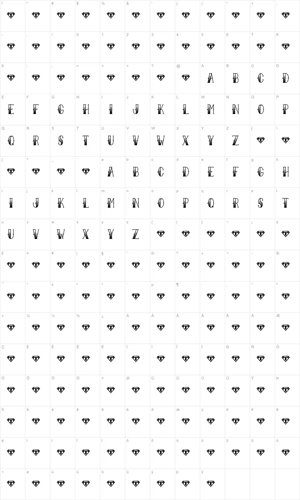 Mapa de caracteres da fonte Sailor Larry